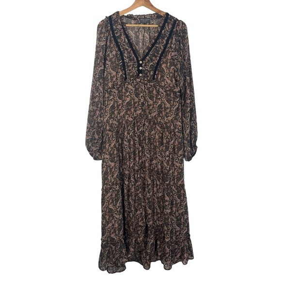 Dress Forum Medium Midi Dress Brown Paisley Tiered Long Sleeve Boho Festival - Picture 2 of 8